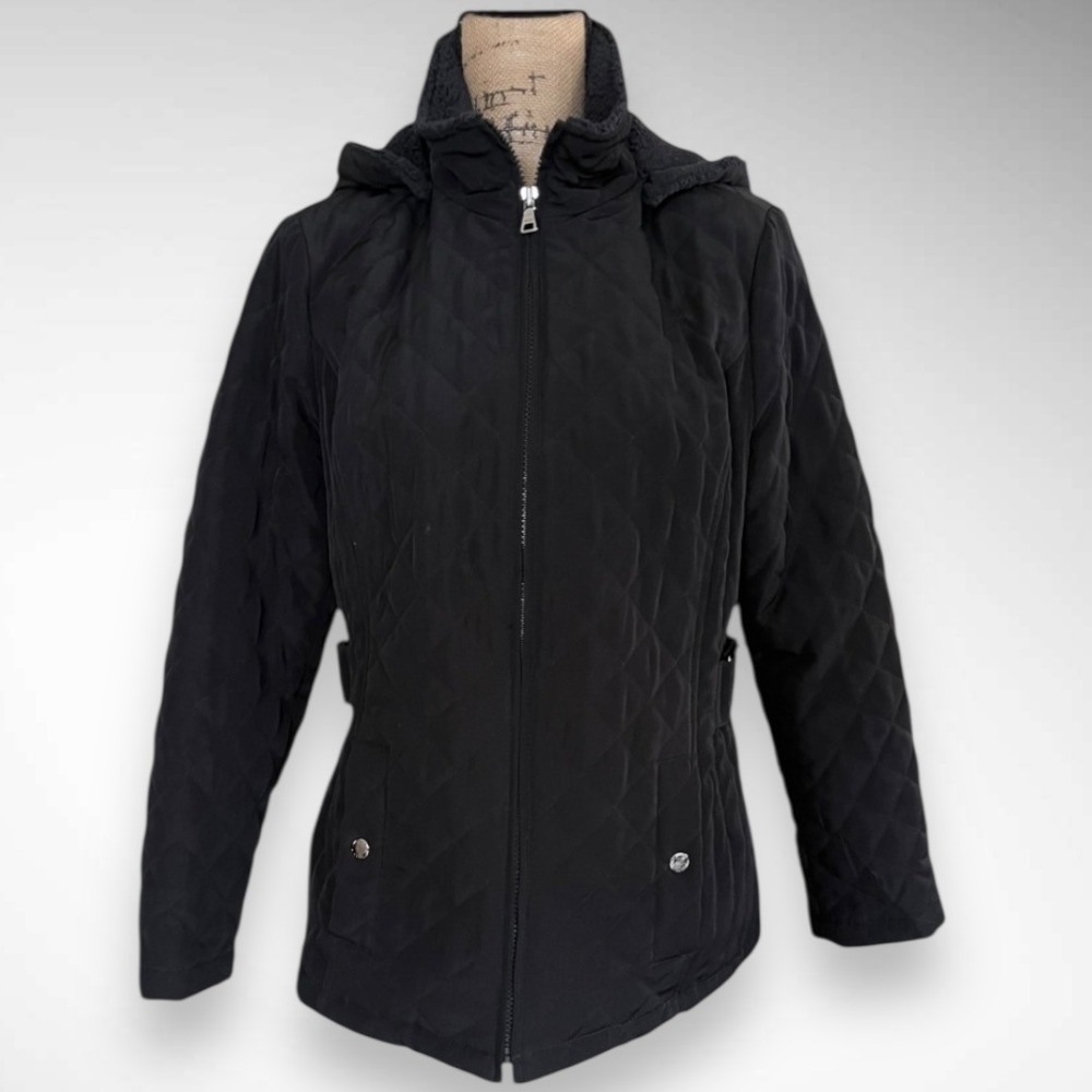 ESPRIT Women's Black Quilted Coat With Hood Medium Petite | EUC